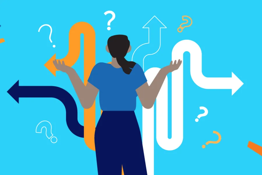 woman standing in from of arrows pointing in different directions