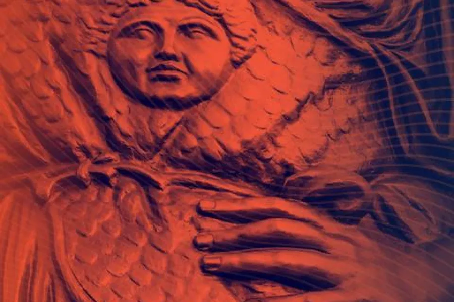 A detail in the robes of the "Learning" figure in the Alma Mater sculpture close up and stylized in orange and blue