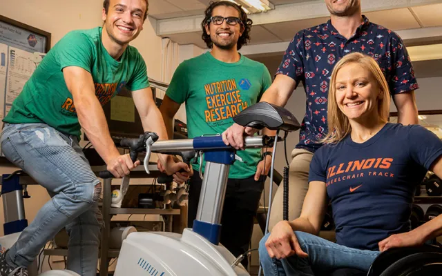 Researchers, including, from left, graduate students Alex Keeble and Rafael Alamilla, kinesiology and community health professor Nicholas Burd and graduate student Susannah Scaroni, found that potatoes boost athletic performance as well as commercial gels. 