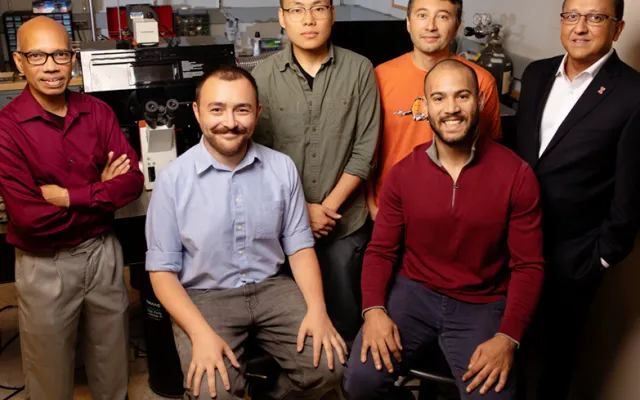The research team includes, from left, professor Taher Saif, graduate student Onur Aydin, graduate student Xiaotian Zhang, professor Mattia Gazzola, graduate student Gelson J. Pagan-Diaz, seated, and professor and dean of the Grainger College of Engineering, Rashid Bashir. 