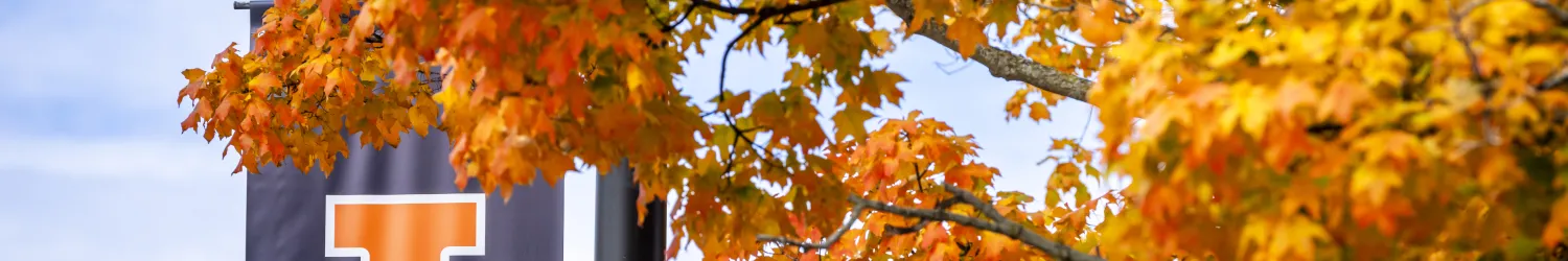 blue block-I street banner against bright orange fall foliage